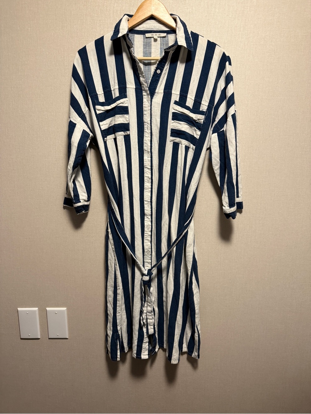 Abel The Label Stripe Shirt Dress Medium Blue White Tie Waist Button Front